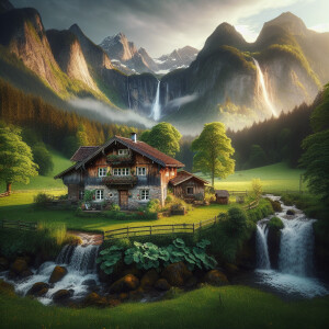Home in the country with a background of mountains and waterfall...