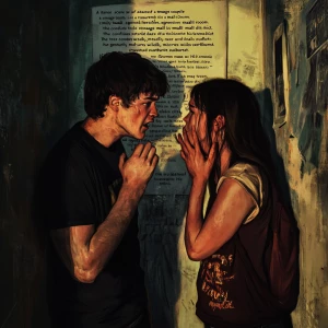 “A tense scene of a teenage couple in a heated argument inside a small, dimly lit room. The confined space intensifies the conflict. The teenage male stands aggressively, his face contorted in anger as he gestures wildly, mid-verbal outburst. His frustration dominates the space, while the teenage female has her back to him, creating a stark emotional and physical divide. Her shoulders are slumped, hands covering her face, partially hiding her tears, symbolizing deep sadness. Dramatic lighting casts harsh shadows, emphasizing the pain and distance between them. The atmosphere is thick with raw emotion, capturing the turmoil of a strained relationship and the impact of hurtful words.” Make without captions