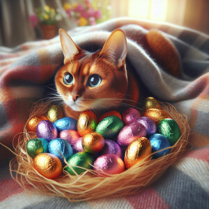 The cat hatches chocolate eggs
