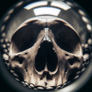 Skull looking up at the viewer with expressive eyes through a fi...