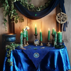 Magical altar draped with a blue cloth, featuring green candles,...