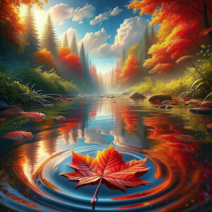 Illustration of leaf floating down river peacefully