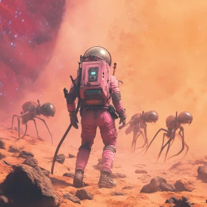 A lone female astronaut in a slightly damaged, high-tech pink sp...