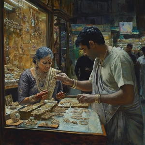 Realism art 1:1,A muscular, perspiring man is in a Jaipur jewelr...