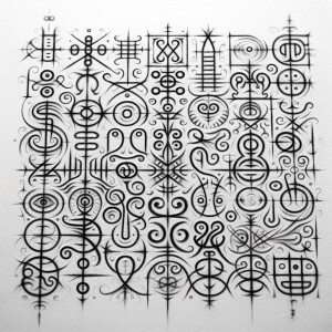 Alien symbols written in graphite, on a white background, strang...