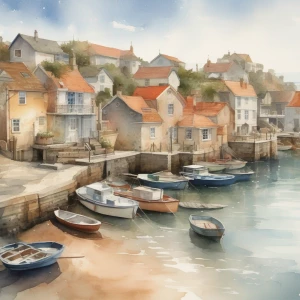 A vintage-style painting of a seaside village, rendered in subtle, muted watercolors that give it a nostalgic, washed-out look.