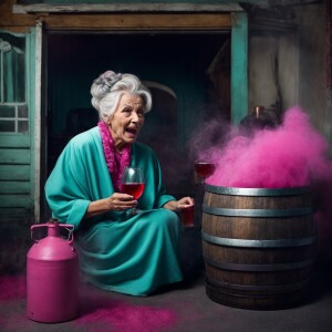 3d realistic image of a very evil 60s grandma with tousled grey...