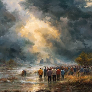 A dramatic and hopeful scene of Texas during a flood, heavy rain...