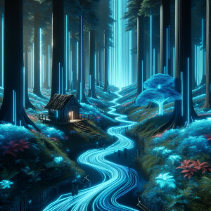 The hut stands in a forest with very tall trees. The river flows...
