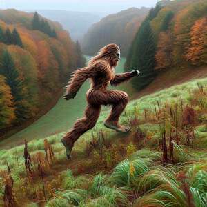 A humanoid Sasquatch, covered in thick hair, sprinting up a fore...