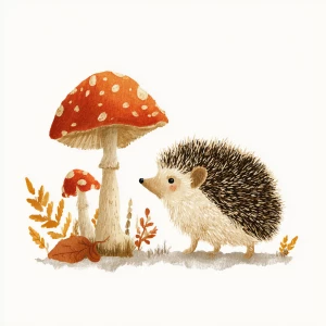 Curious small hedgehog near mushroom, nostalgic illustration, au...