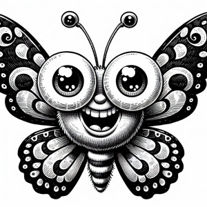 A black-and-white pen and ink drawing of a comical butterfly for...