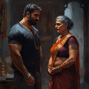 Realism art style 1:1,A muscular beefy sweaty employer  man talk...