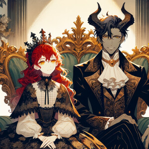 A girl with elegant gothic lolita dress sit beside handsome Lucifer, the girl has red wavy hair and golden eyes, thrones