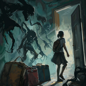 AI Image: Sarah frantically packing her belongings, with the sha...