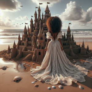 An Afro Latina woman with long wavy hair flowing in the breeze,...