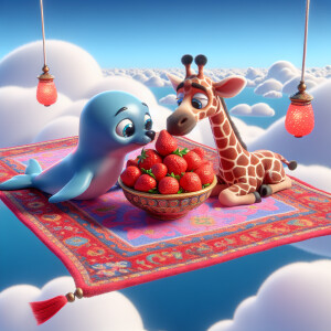 A little blue sea Seal and giraffe eat both a bowl of strawberri...