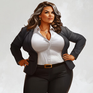 Craft an image of a sophisticated, large curvy woman with sculpt...