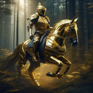 Futuristic robot riding a horse through a dense forest  wearing...