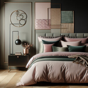 Create a luxurious and cozy bedroom design that features a harmo...