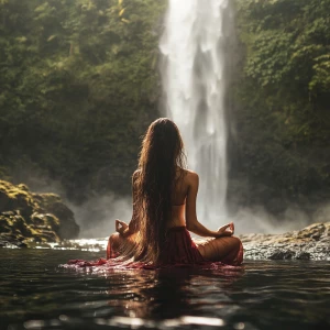 A highly realistic image of a serene woman sitting in a lotus po...