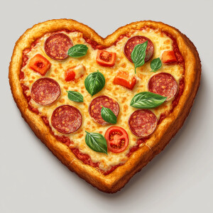 Create an image of a heart-shaped pizza with golden, crispy crus...