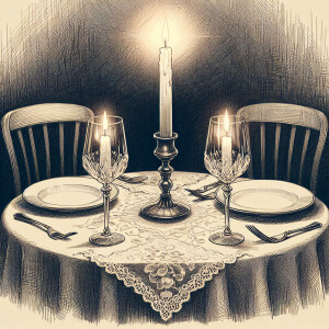 Drawing of candle lit dinner setup only
