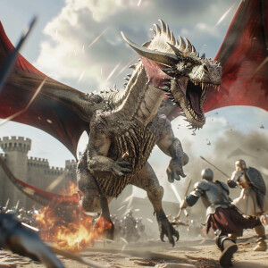 A majestic dragon soars above a chaotic battlefield, gracefully...