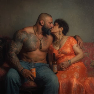 Hyperrealism oil apinting.a muscular beefy sweaty tattoed indian...