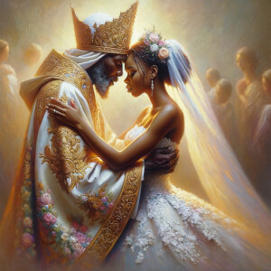 Imagine a hyper-realistic oil painting that captures a tender moment between theAfrican American bride and her God. The setting is intimate and filled with soft, warm lighting that enhances the emotional depth of the scene. The bride, in herexquisite wedding gown, shares a heartfelt embrace with her african-American Lord Jesus , who is dressedin an elegant outfit that complements the wedding's color scheme. Their expressions are full of love, pride, and joy, reflecting the special bond between them. Theattention to detail is paramount, from the intricate designs of their dresses to the subtle emotions conveyed in their facial expressions. The background is a blur ofgentle pastel hues, ensuring that the focus remains on this touching moment. Thispainting should convey the warmth, love, and depth of the relationship, with the rich textures and vibrant strokes characteristic of oil paintings, capturing the essence of this significant pre-wedding moment.