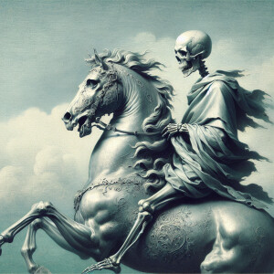 a headless  skeleton riding on the back of a silver horse, by Da...