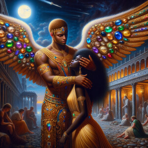 Create an oil painting image featuring a male angel and a grievi...