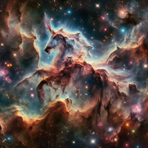 A pretty celestial design of outer space with a bull shaped nebu...