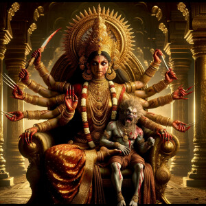 portrait of angry looking, four-armed indian goddess sitting on...