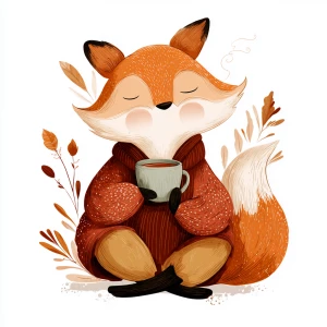 Sleepy fox sipping tea with closed eyes, cozy cartoon vector sty...