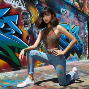 teenage girl, long brown hair and bangs, wearing tight skinny jeans and a halter top paint marks on her clothing, heroic pose Asian graffiti background, nearing on one knee