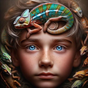 A chameleon hugging a boy with blue eyes head