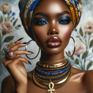 Create an image of an african-American, graceful woman , striking blue eyeshadow, and full lips. She wears large, golden hoop earrings and multiple necklaces, one with a prominent ankh pendant. Her hair is hidden beneath a vibrant, patterned head wrap in shades of blue, yellow, and orange. Her nails are painted dark blue, complementing her eyeshadow, and her fingers are adorned with a large, ornate gold ring. She poses elegantly against a background filled with soft pastel flowers, highlight her beauty