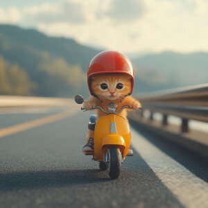 A small orange kitten with black eyes sporting a red helmet, per...