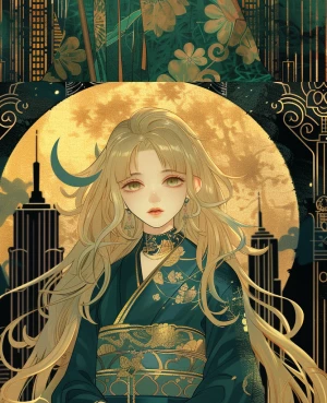 Elegant manga-style heroine in a deep emerald silk kimono with b...