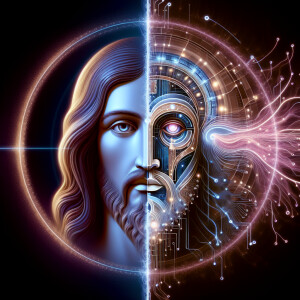 AI Jesus, half Traditional Jesus, half AI Borg. Full of love, th...