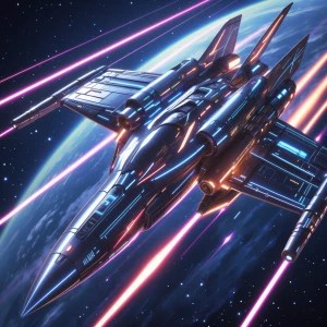 A dazzling, shimmering holographic starfighter streaks through t...
