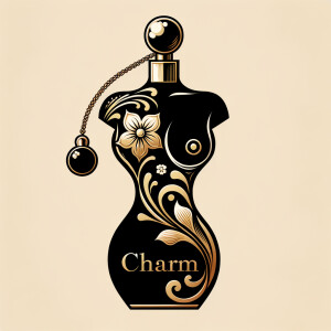 Design, a black and gold perfume bottle in the shape of a woman’s body with flowers and the name Karen