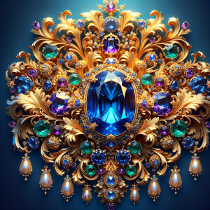 "Design an exquisite, baroque-style ornament composed of ornate gold scrollwork and flourishing acanthus leaves. Central to this design is a grand, oval-cut sapphire, surrounded by an intricate halo of smaller gemstones, including amethysts, emeralds, and pearls. Dangling elegantly from the central motif are various jeweled pendants and teardrop pearls, creating a sense of movement and opulence. The rich colors are set against a deep blue background, accentuating the gold's warm glow. Below this luxurious arrangement, the name 'KAREN' is displayed in an ornate gold script, reflecting the overall sumptuous aesthetic."