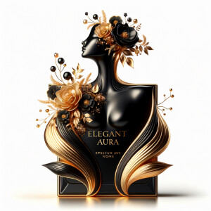 Design, a black and gold perfume bottle in the shape of a woman’s body with flowers and the name Karen