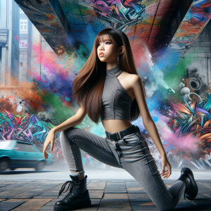 teenage girl, long brown hair and bangs, wearing tight skinny jeans and a halter top paint marks on her clothing, heroic pose Asian graffiti background, nearing on one knee