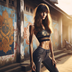 Athletic Thin skinny Attractive, Asian teenage girl, long brown hair and bangs, wearing tight skinny jeans and a halter top paint marks on her clothing, heroic pose Asian graffiti background, backside view