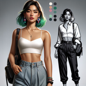 The person is wearing a white shirt, black pants, and has a blac...