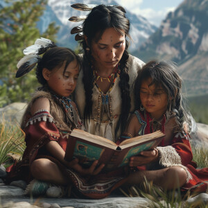 Create a realistic 8k 4d image of a native american woman sittin...