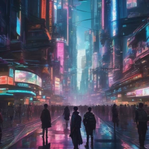 A futuristic city filled with glowing billboards, holographic advertisements, and a lone character with cybernetic enhancements walking through the bustling crowd.